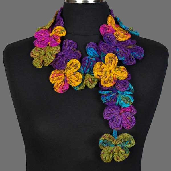 Colorful Crochet Lariat Scarf, Crochet Flower Scarf, Rainbow Colors