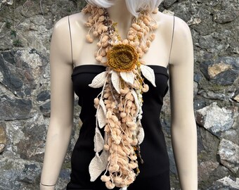 Crochet Flower Necklace Scarf: Handmade Acrylic Winter Lariat