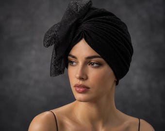 1940s Black Lace Turban: Dressy Chemo Alopecia Hat