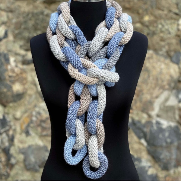 Écharpe Lariat au crochet, collier créole en maille, écharpe lariat longue, bleu-beige-gris