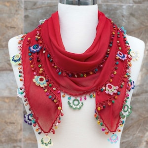 Turkish Oya Scarf, Woman Summer Scarf, Hand Crocheted Lace Scarf, Deep Red