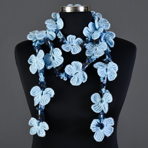 Crochet Lariat Scarf With Flowers. Lariat Crochet Jewelry, Fiber Necklace, Natural Colors, Pale Blue, Blue shaded