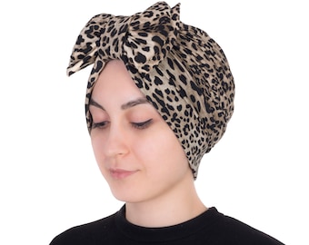 Leopard Print Womans Turban Hat With Bow, Front Knotted Turban, Elegant Head Wear