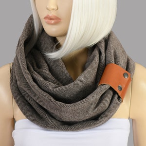 Unisex Infinity Scarf With Leather Bracelet Cuff, Men&#39;s Winter Scarf, Woman&#39;s Infinity Scarf, Herringbone