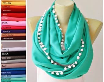 Graduation Scarf – Custom Infinity Scarf with Pom Pom Trim, Choose Scarf & Trim Color