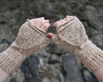 Wool Knit Convertible Mittens Fingerless Gloves In Beige For Woman