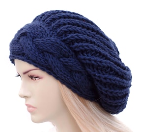 Beanie Hat, Winter Slouchy Oversize Knit Hat, For Woman In Navy - COLOR OPTION AVAILABLE