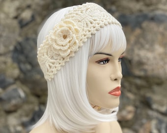 Crochet Headband With Flower, Ear Warmer Headband, Winter Headband, Women Knit Warm Headband, Knit Headband, Ivory