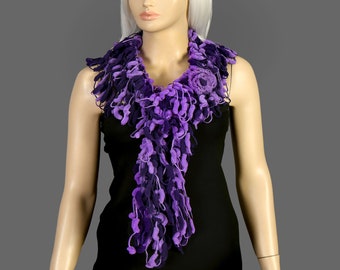 Crochet Woman Scarf, Long Crochet Regular Scarf With Flower Brooch Pin, Purple