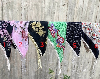 SALE - Woman Cotton Triangle Summer Scarf With Pompom Trim,Paisley Patterned