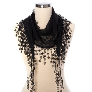 Black Fringed Lace Summer Scarf, Summer Scarf, Woman Scarf, Tassel Scarf, black image 3