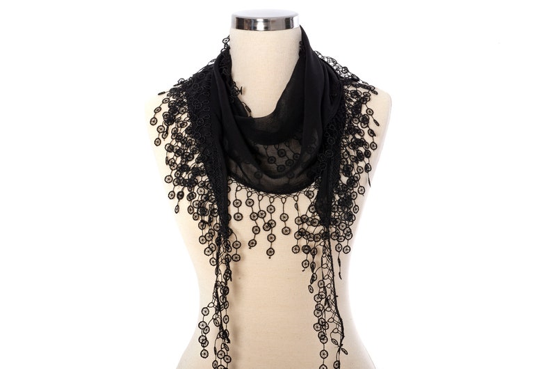 Black Fringed Lace Summer Scarf, Summer Scarf, Woman Scarf, Tassel Scarf, black image 3