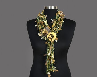 Color Crochet Lariat Scarf With Flowers. Lariat Crochet Jewelry, Fiber Necklace, Natural Colors, Green