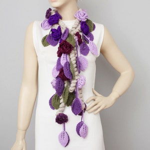Crochet Lariat Scarf, Flower Crochet Scarf, Purple, Lilacs, Unique image 6