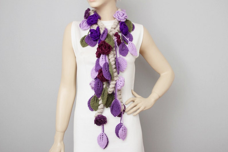 Crochet Lariat Scarf, Flower Crochet Scarf, Purple, Lilacs, Unique image 6