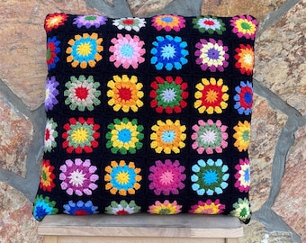 Cotton Granny Square Crochet Pillow Cover: Colorful Cushion