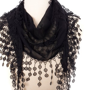 Black Fringed Lace Summer Scarf, Summer Scarf, Woman Scarf, Tassel Scarf, black image 1