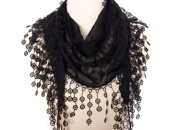 Black Fringed Lace Summer Scarf, Summer Scarf, Woman Scarf, Tassel Scarf, black image 1