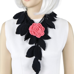 Cachecol de joias de folhas de crochê, colar de flores de folhas de crochê, com broche de flores removível