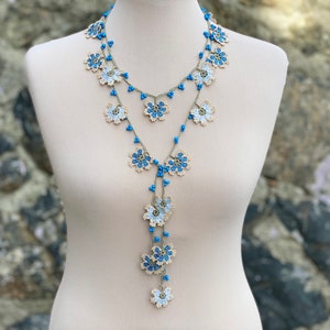 Beaded Crochet Necklace, Turkish Oya Necklace, Crochet Strand Necklace,  Prussian Blue, Light Blue, Pale green, Beige