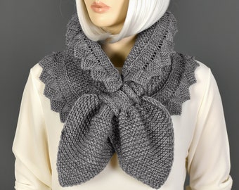 Woman Neck Ascot, Beige Knit Bow Neck Warmer, Knit Bow Scarf, Chunky Scarf, Beige Bow Scarf, Ascot Neck Warmer Plain, Gray