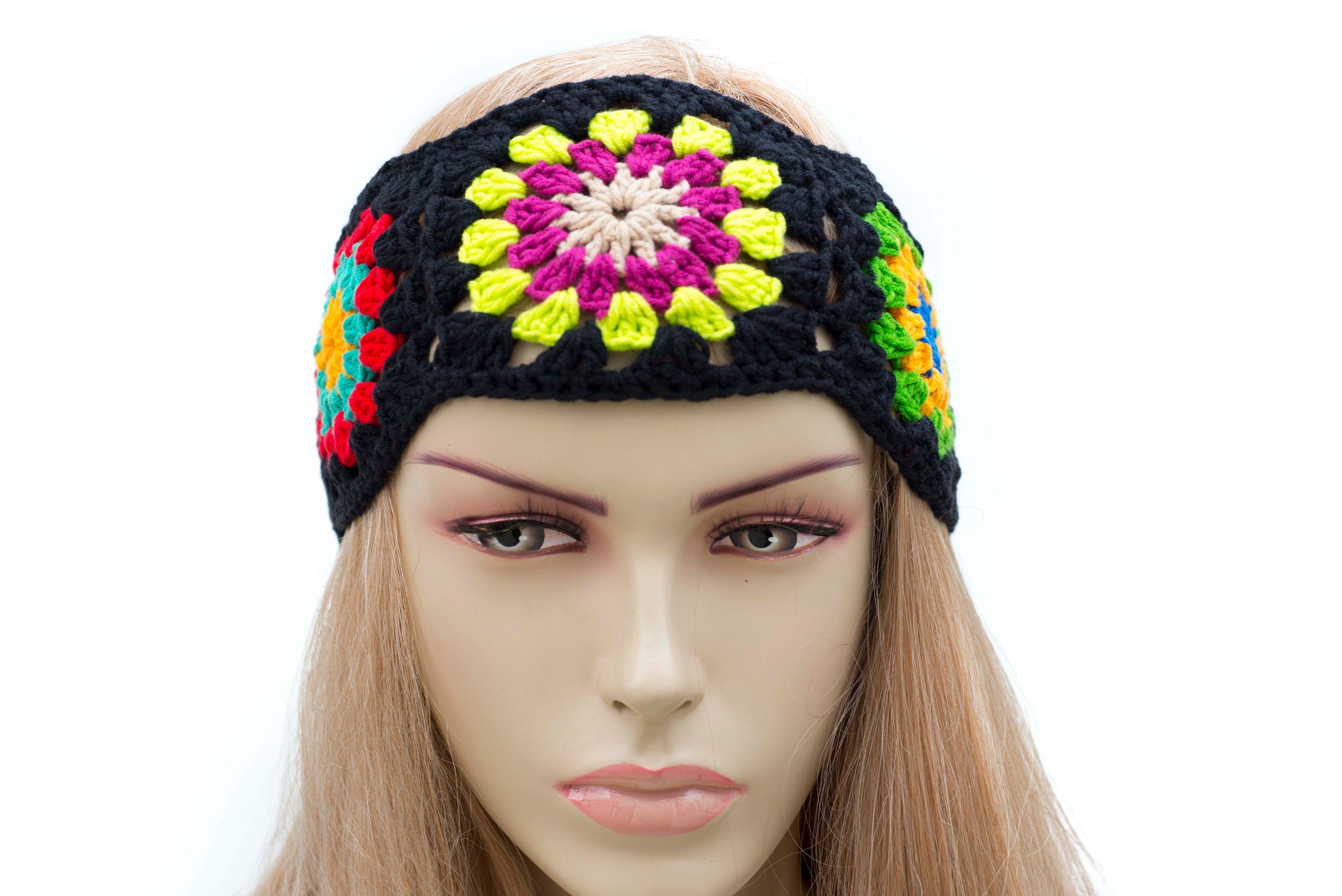 Black Multicolor Floral Knit/ Crochet Headband Cubidupi Bohemian Knit Headband for Women, Floral Lace  main image 3