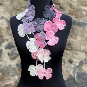 Crochet Flower Necklace Scarf, Crochet Lariat Scarf, Flower Scarf, Pink, Gray, Silver, White