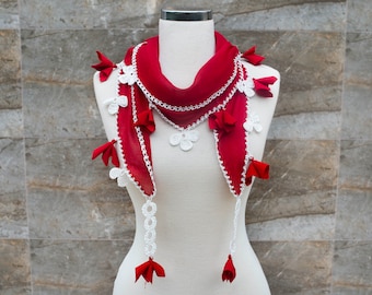 Turkish Oya Scarf, Woman Summer Scarf, Hand Crocheted Lace Border, Red