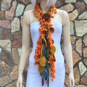 Christmas Gift Idea For Her: Unique Crochet Flower Woman Winter Scarf, Autumn Colored Woman Crochet Scarf