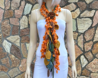 Christmas Gift Idea For Her: Unique Crochet Flower Woman Winter Scarf, Autumn Colored Woman Crochet Scarf