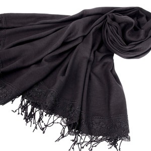 Thick Luxurious Black, Pashmina Shawl Scarf, With Black French Lace Border, Bridesmaid Shawl, Bridesmaid Gift, Black image 1