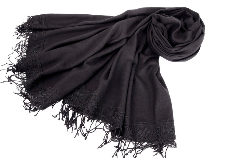 Thick Luxurious Black, Pashmina Shawl Scarf, With Black French Lace Border, Bridesmaid Shawl, Bridesmaid Gift, Black image 1