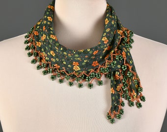 Summer Cotton Scarf, Handmade Turkish Oya Scarf Green Orange Flowered