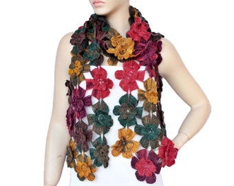 Crochet Scarf, Flower Long Scarf, Woman Colorful Scarf