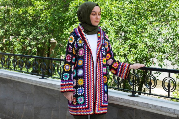 Hooded Granny Square Crochet Cardigan 
