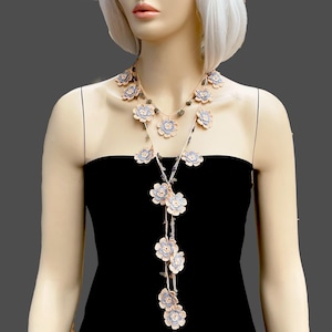 Crochet Beaded Oya Necklace,Crochet Flower Poppy Necklace, Gray, Beige