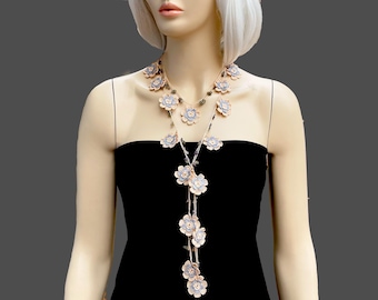 Crochet Flower Necklace: Beaded Oya, Gray & Beige