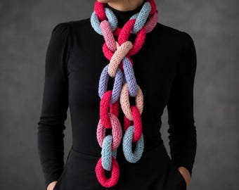 Crocheted Chain Loop Lariat Scarf ,Colorful Knit Necklace Scarf