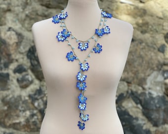 Collier au crochet de perles, collier Oya turc, collier au crochet, bleu clair pâle, bleu royal, blanc cassé, vert pâle