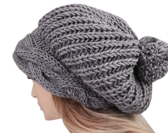 Slouchy Beanie, With Pom Pom Oversize Beanie Hat, Winter Knit Hat, For Woman In Grey - COLOR OPTION AVAILABLE
