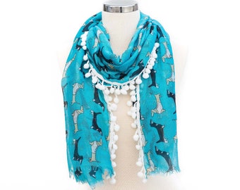 Long Regular Summer Scarf, With Dog Print, And Pom Pom Trim In Blue