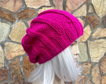 Handmade Knit Slouchy Beanie: Fuchsia Wool Blend Winter Hat