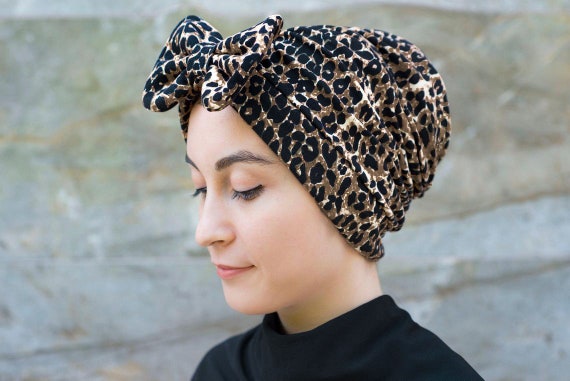 Leopard Print Womans Turban Hat With Bow, Front Knotted  display picture 2
