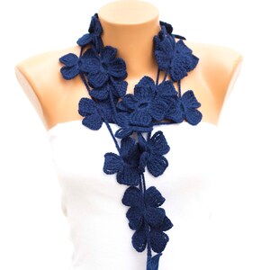 Crochet Lariat Flower Scarf, Crochet Necklace Scarf, Navy COLOR OPTION AVAILABLE image 4