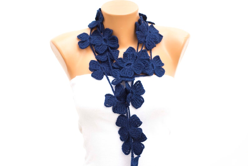 Crochet Lariat Flower Scarf, Crochet Necklace Scarf, Navy COLOR OPTION AVAILABLE image 4