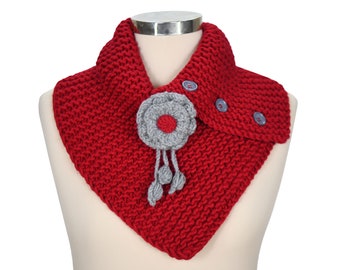 Red Knit Neck Warmer, Knit Scarf, Winter Scarf, Woman Winter Scarf, Flower Brooch