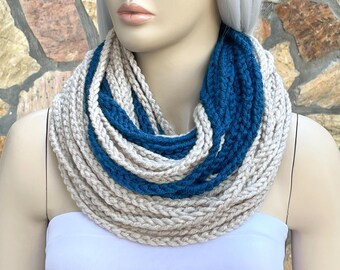 Winter Infinity Scarf, Crochet Chain Lariat Scarf, Crochet Chain Loop Scarf, Crochet Infinity Scarf, Beige Ink Blue Color