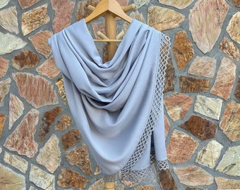 Thin Pashmina Shawl, Wedding Shawl, Bridesmaids Pashmina Shawl, With Handmade Lace, Evening Shawl, Gray