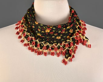 Summer Cotton Scarf, Handmade Turkish Oya Scarf, Black Red Flowered