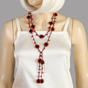 Beaded Necklace, Crochet Strand Oya Necklace Jewelry, Crochet Necklace, Crochet Flower Necklace, Red Black